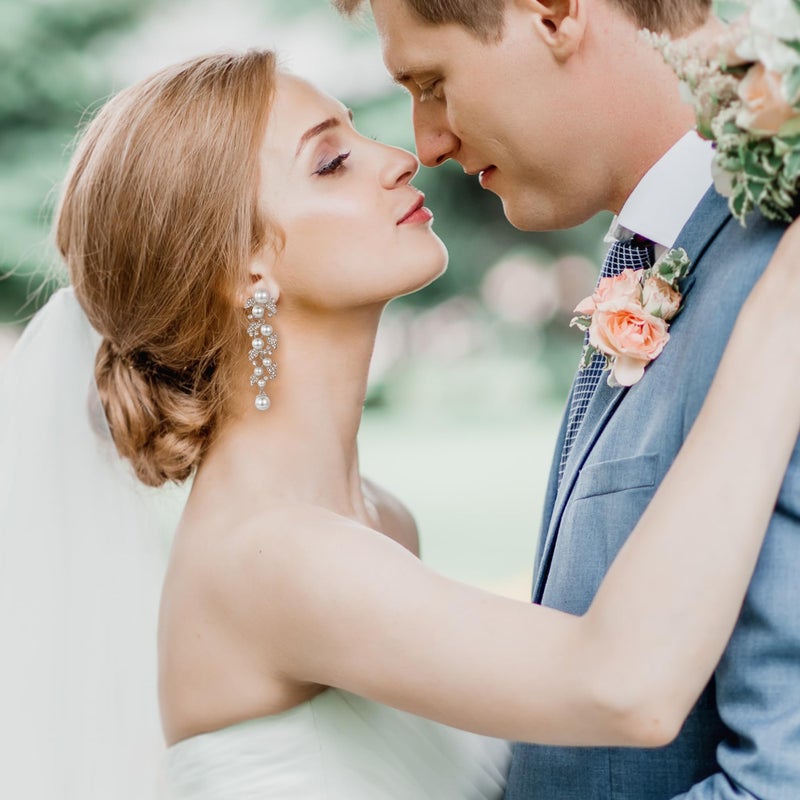 EVER FAITH Austrian Crystal Wedding Jewelry White Simulated Pearl Leaf Bridal Dangle Earrings for Women Bride Clear Silver-Tone - Image 2